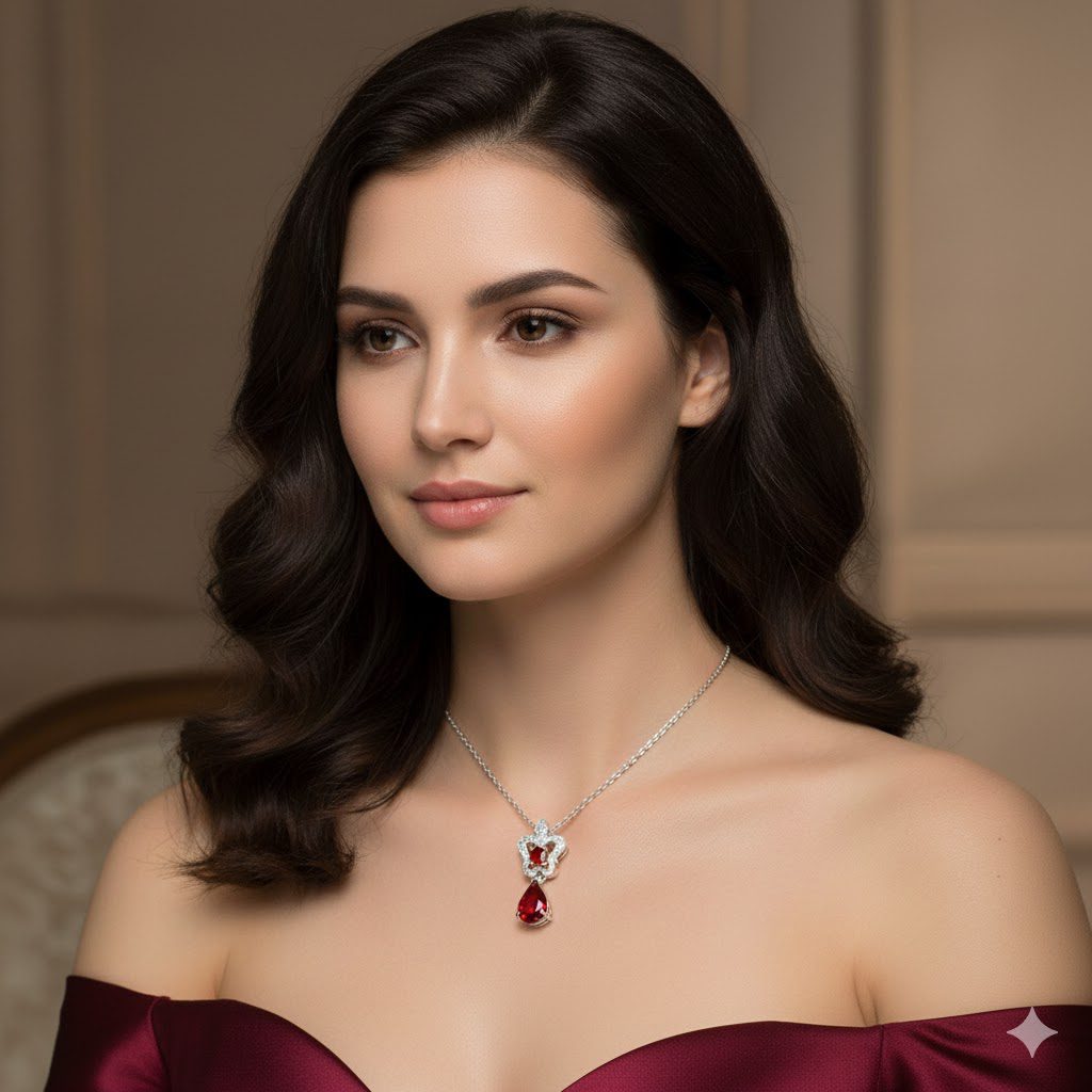 Zarif Kırmızı Taşlı Kolye, Gümüş Kaplama