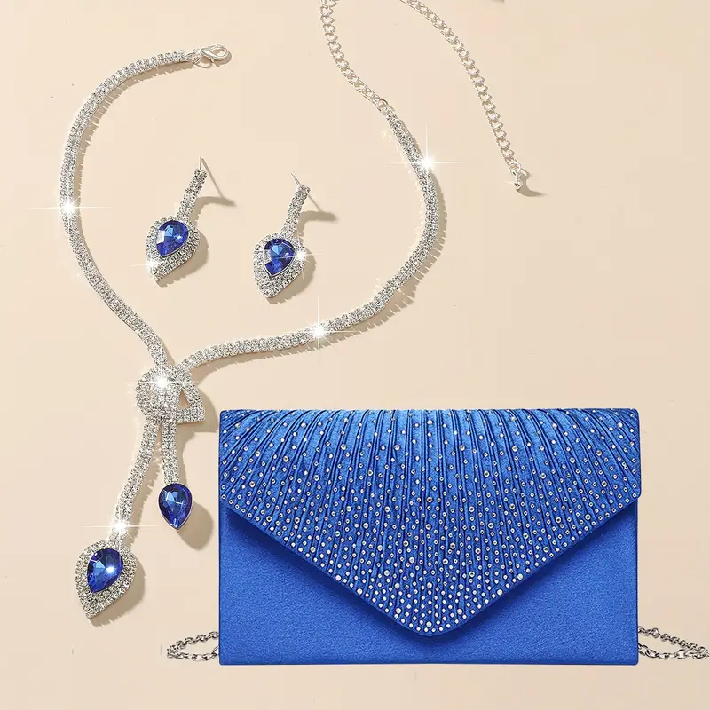 Mavi abiye çanta kolye set