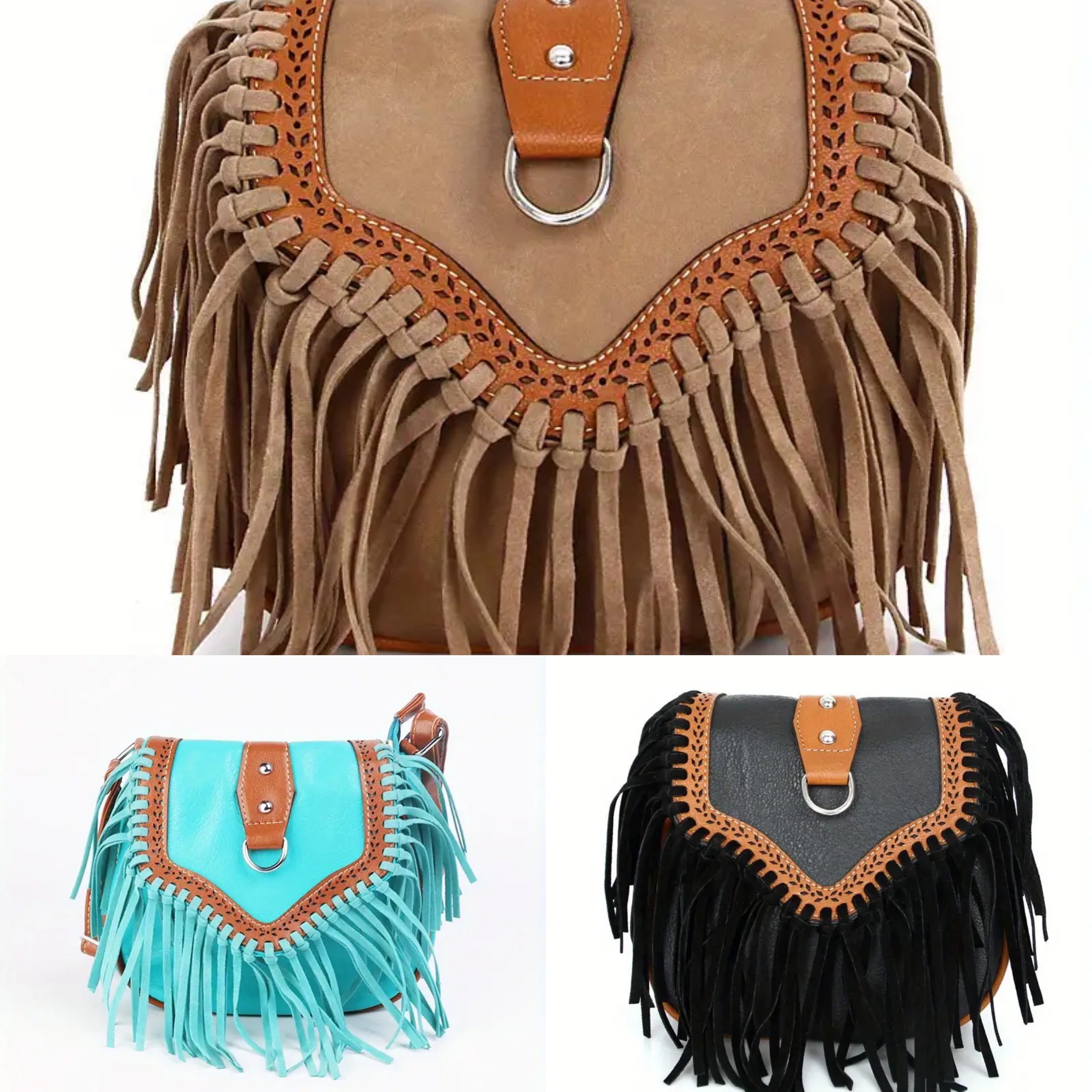 Püsküllü Western Omuz Çantası | Süet Görünümlü Bohem Crossbody Çanta Turkuaz, Bej ve Siyah bohem püsküllü crossbody çanta çeşitleri.