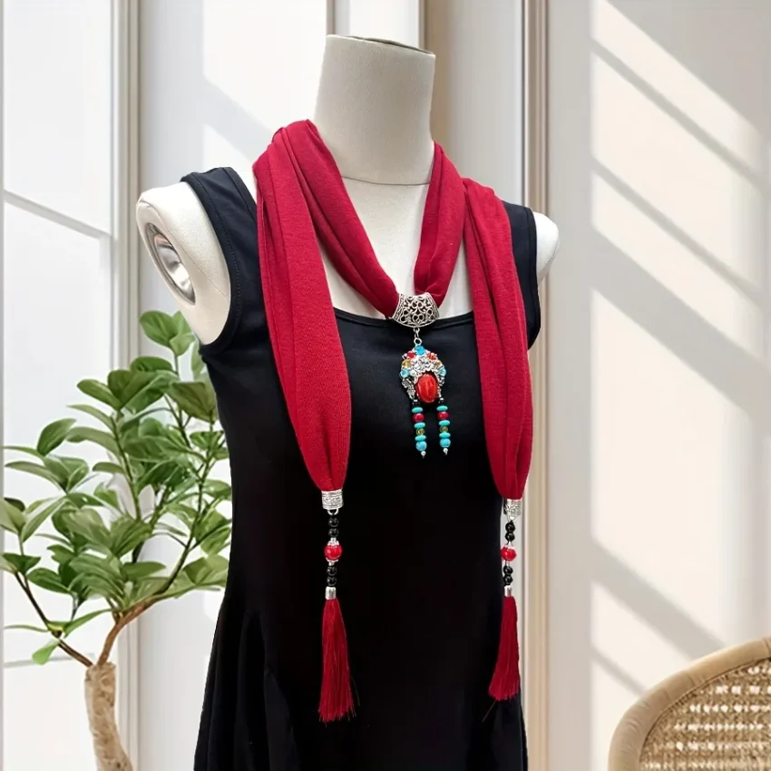 Bordo Etnik Akik (Kırmızı) Kolyeli Fular