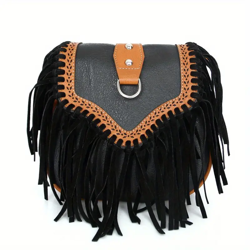 Püsküllü Western Omuz Çantası | Süet Görünümlü Bohem Crossbody Çanta Siyah bohem Çanta Kombin ve Taşıma Stili